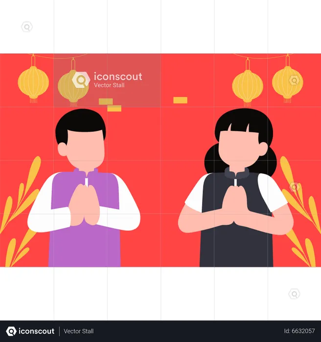 Boy and girl greeting new year  Illustration