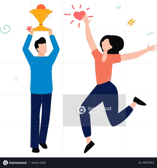 Boy and girl happy after winning trophy  Illustration