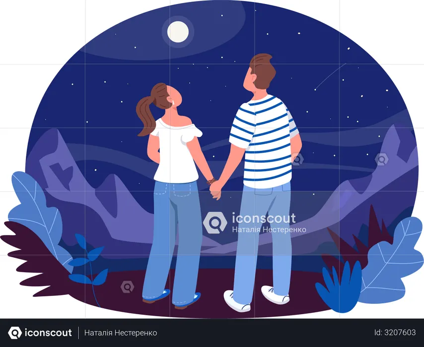Boy and girl hold hands and watching stars  Illustration