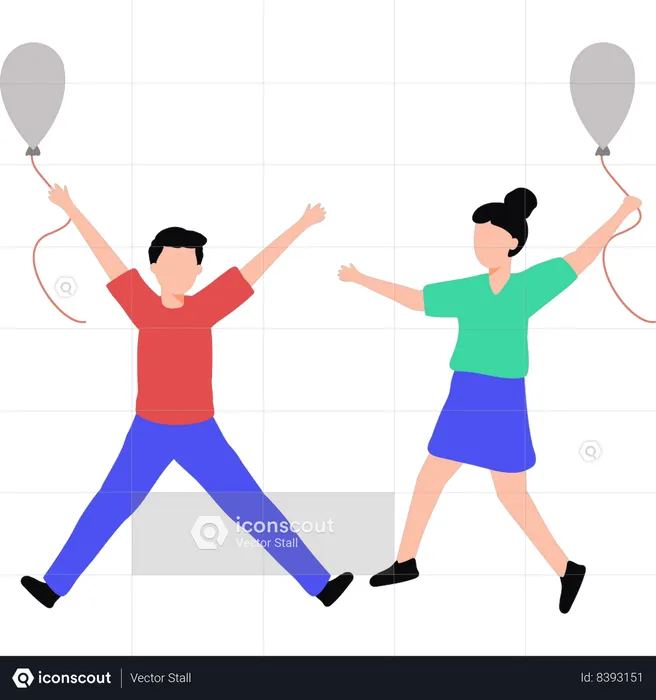 Boy and girl holding balloons  Illustration