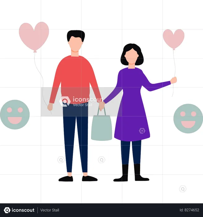 Boy and girl holding balloons and shopping bags  Illustration