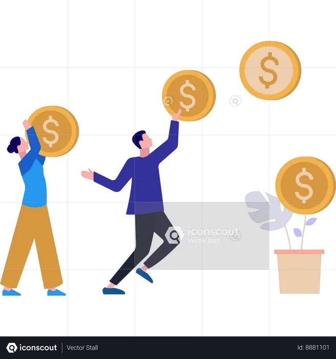 Boy and girl holding dollar coins  Illustration