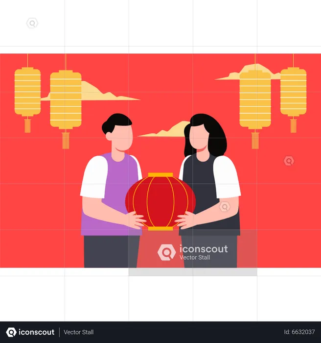 Boy and girl holding chinese lamp  Illustration