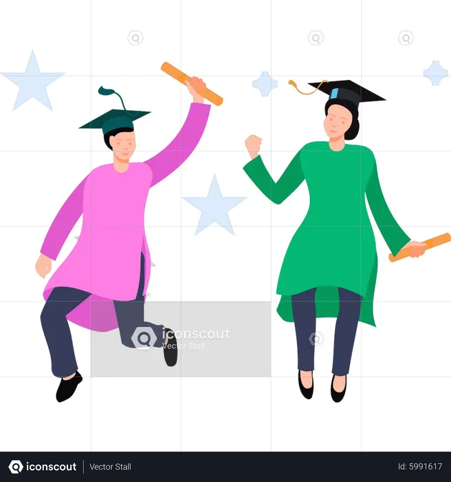 Boy and girl holding their graduation degrees  Illustration