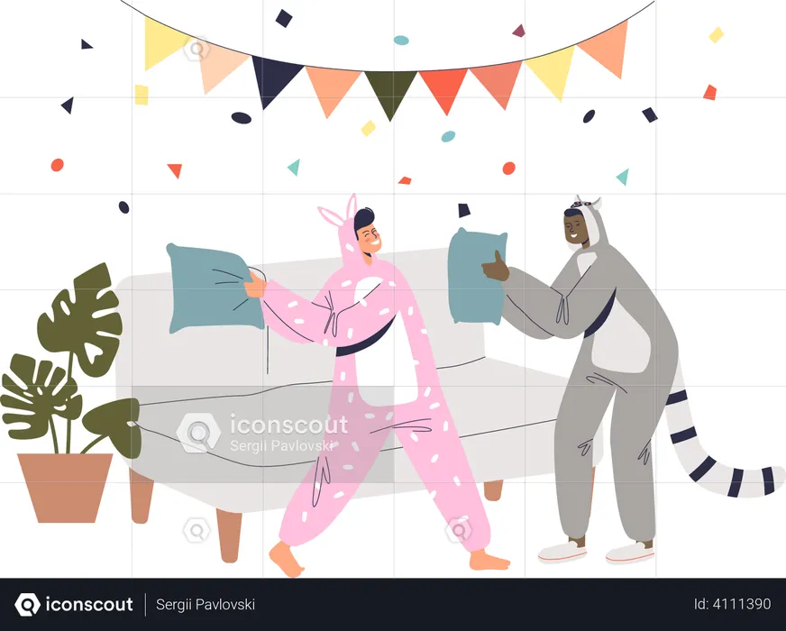 Boy and girl in bunny and raccoon costumes fighting pillows  Illustration