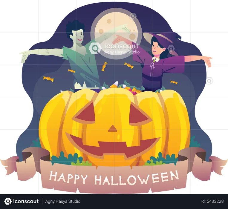 Boy and girl in costume celebrating Halloween  Illustration