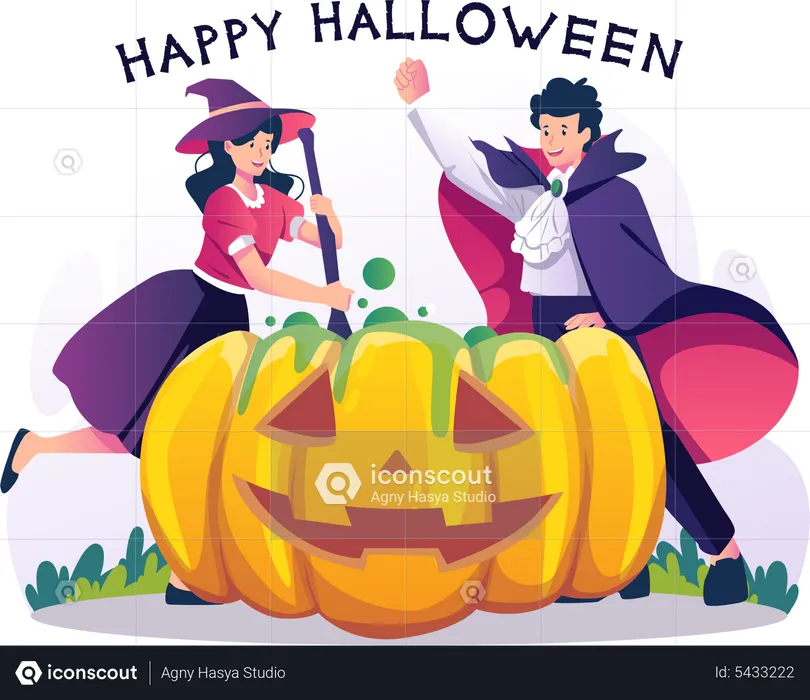 Boy and girl in witch and wizard costume making a green magical potion in a giant pumpkin Halloween  Illustration