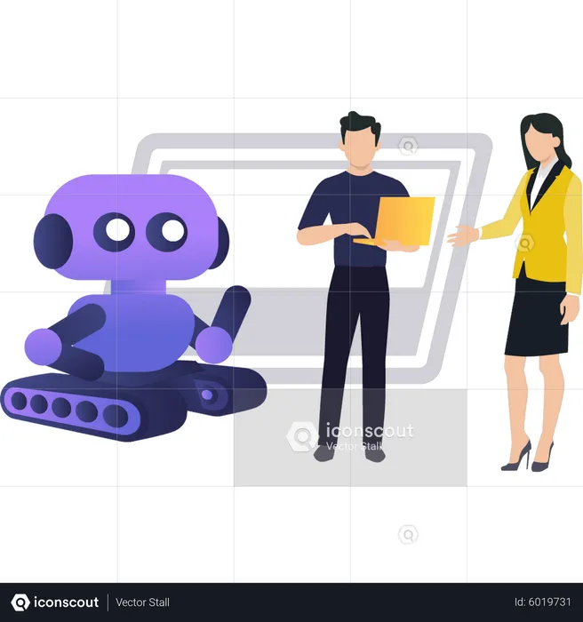 Boy and girl instructing robot  Illustration