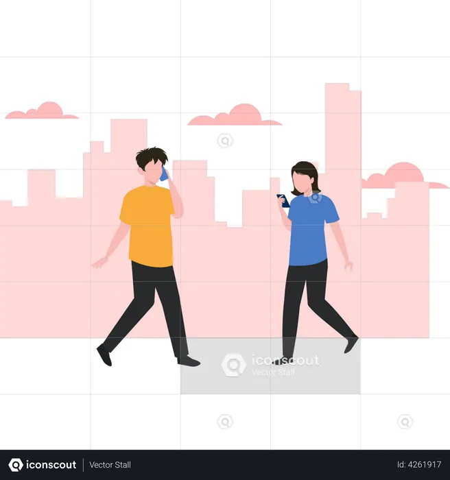 Boy and girl is walking and using their mobile phones  Illustration