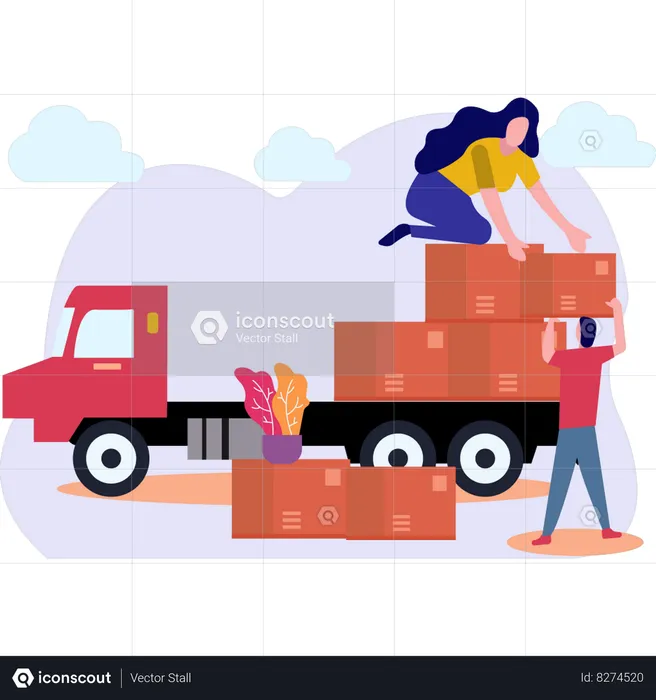 Boy And Girl Loading Goods On Truck  Illustration