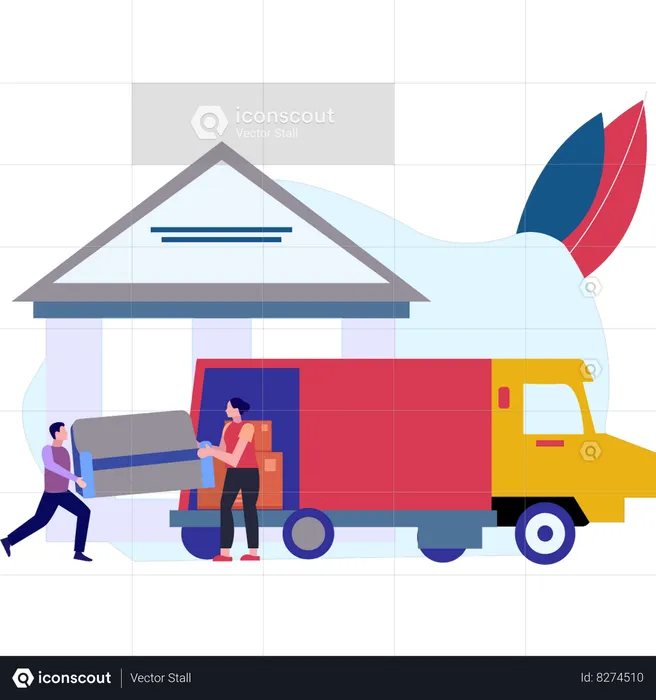Boy And Girl Loading Sofa Into Truck  Illustration
