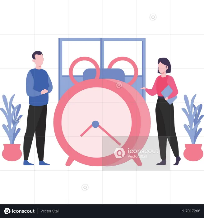 Boy and girl looking at alarm clock  Illustration