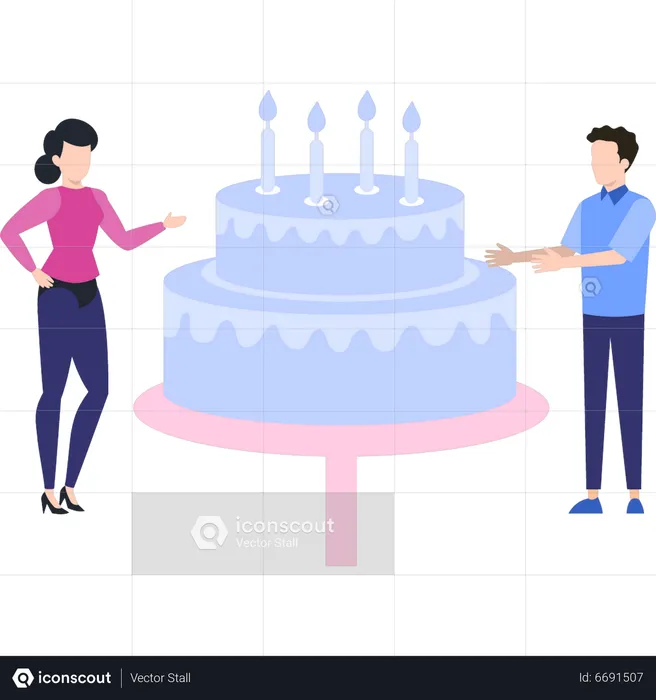 Boy and girl looking at cake  Illustration