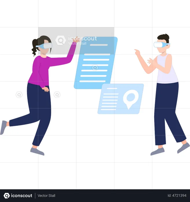 Boy and girl looking at documents through VR glasses  Illustration