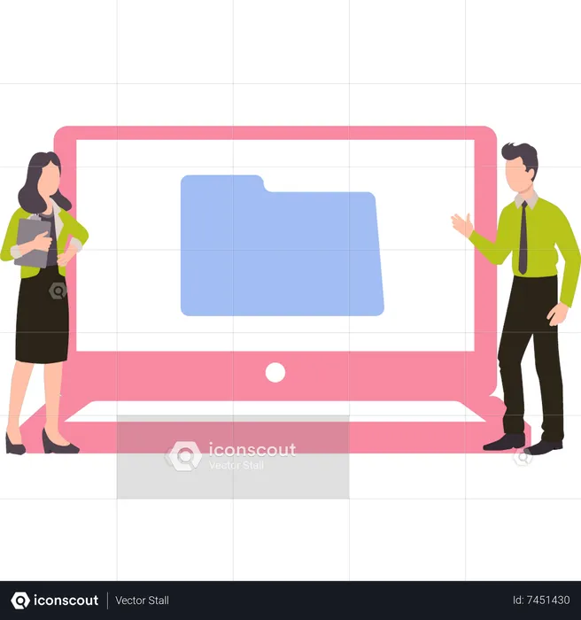 Boy and girl looking at folder on laptop  Illustration