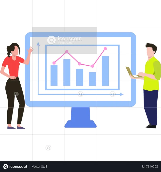 Boy and girl looking at graph analytics  Illustration