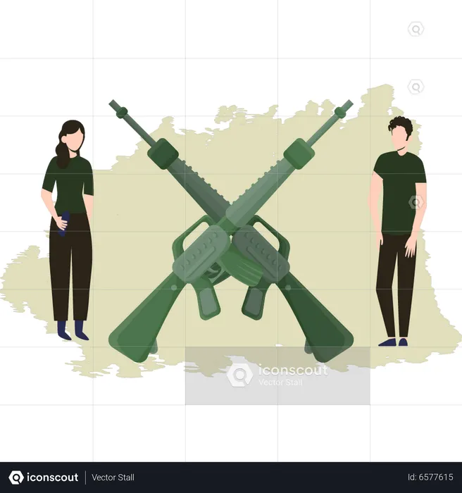 Boy And Girl Looking At Gun  Illustration