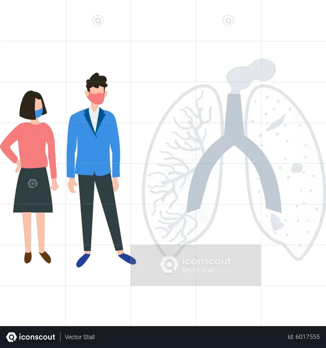 Boy and girl looking at lung disease from air pollution  Illustration