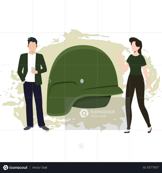 Boy And Girl Looking At Military Hat  Illustration
