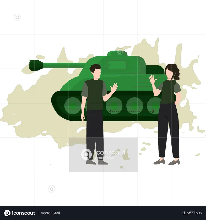 Boy And Girl Looking At Military Tank  Illustration