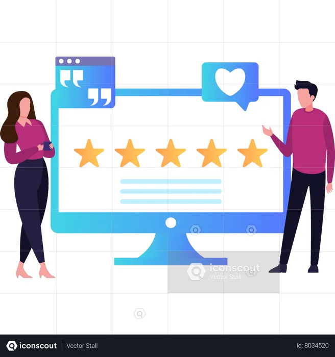 Boy and girl looking at star rating feedback  Illustration