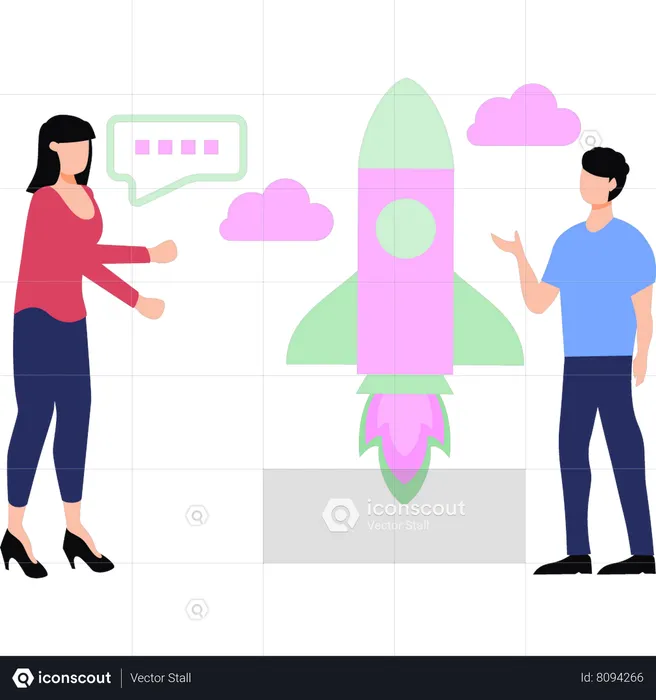 Boy and girl looking at startup rocket  Illustration