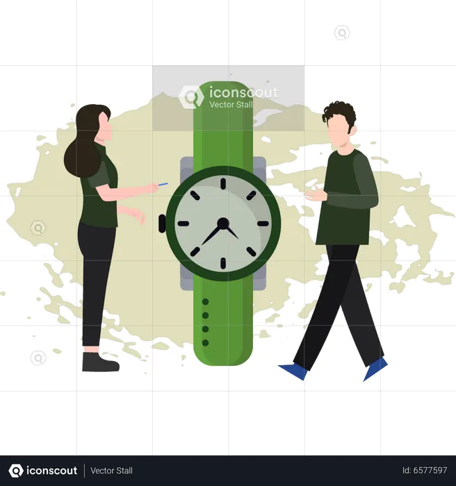 Boy And Girl Looking At Wristwatch  Illustration