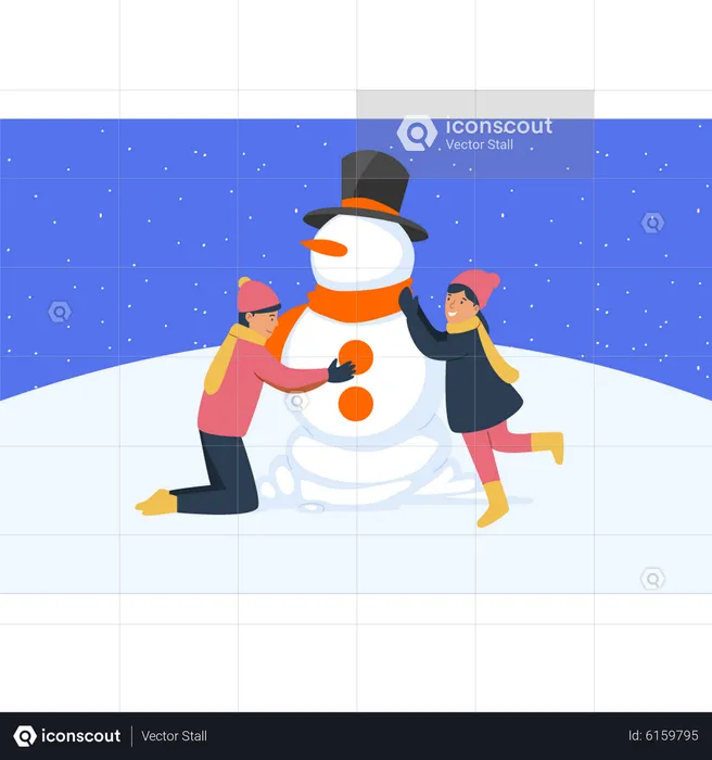 Boy and girl making snowman  Illustration