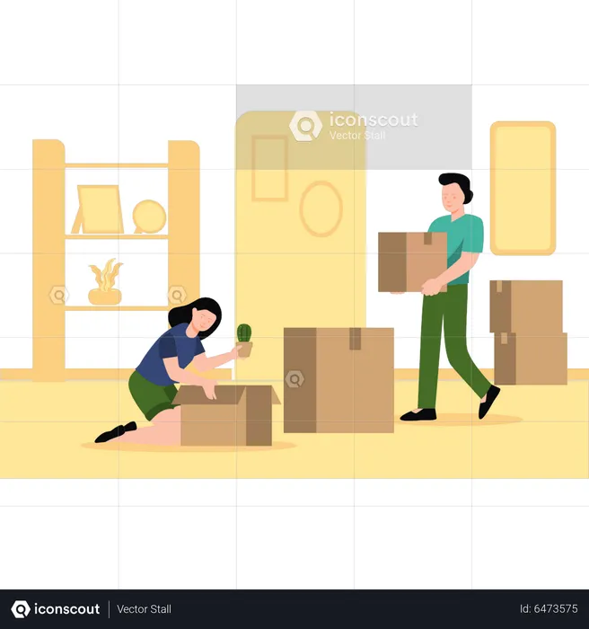 Boy and girl packing household goods into boxes  Illustration