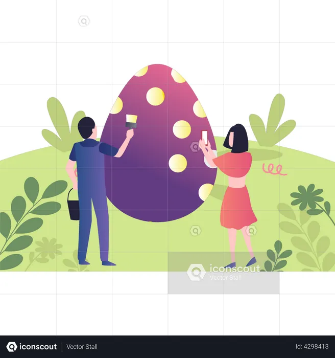 Boy and girl painting Easter eggs  Illustration