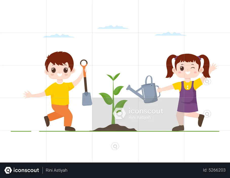 Boy and girl planting tree  Illustration