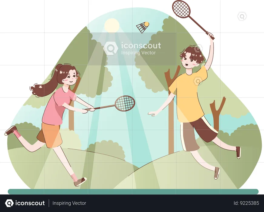 Boy and girl playing badminton  Illustration