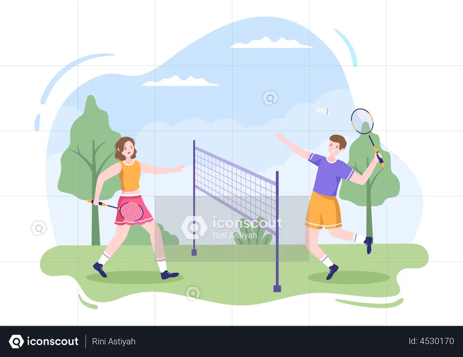 Boy and girl playing Badminton  Illustration