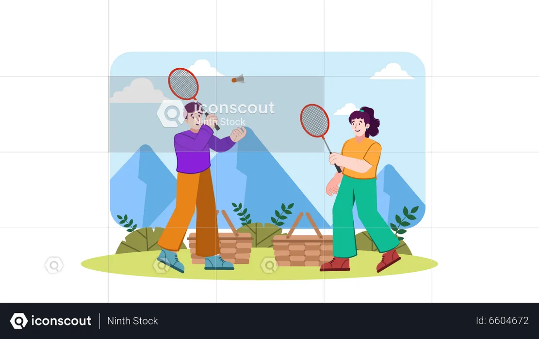 Boy and girl playing badminton on picnic  Illustration