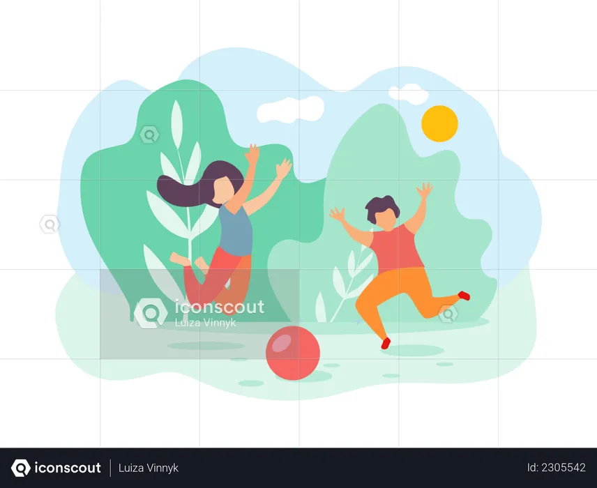 Boy and Girl Playing Ball at Park  Illustration