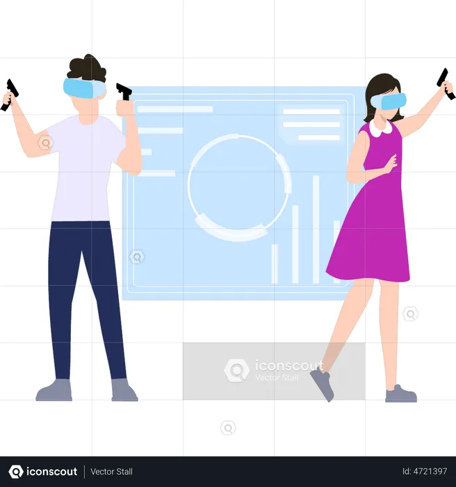 Boy and girl playing games wearing VR glasses  Illustration
