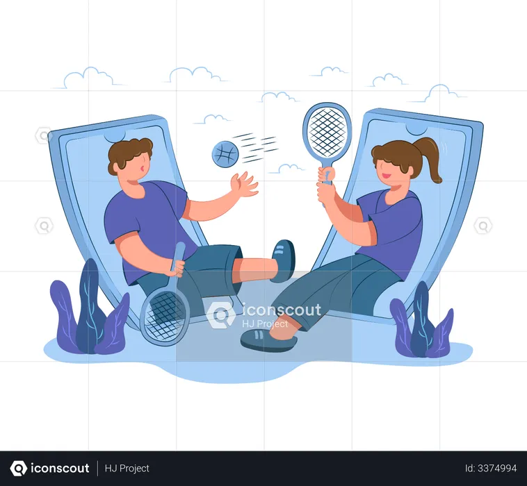 Boy and girl playing online tennis  Illustration