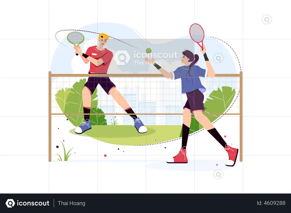 Boy and girl playing tennis  Illustration
