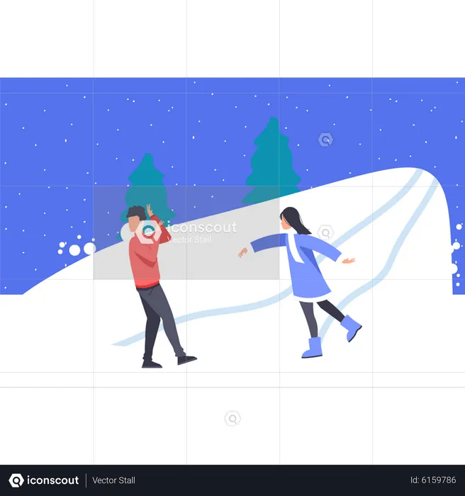 Boy and girl playing with snowballs  Illustration