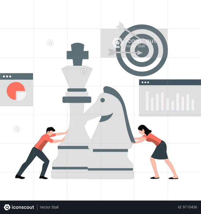 Boy and girl pushing chess pieces  Illustration