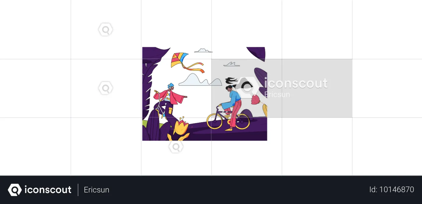 Boy and girl riding cycle in outside  Illustration