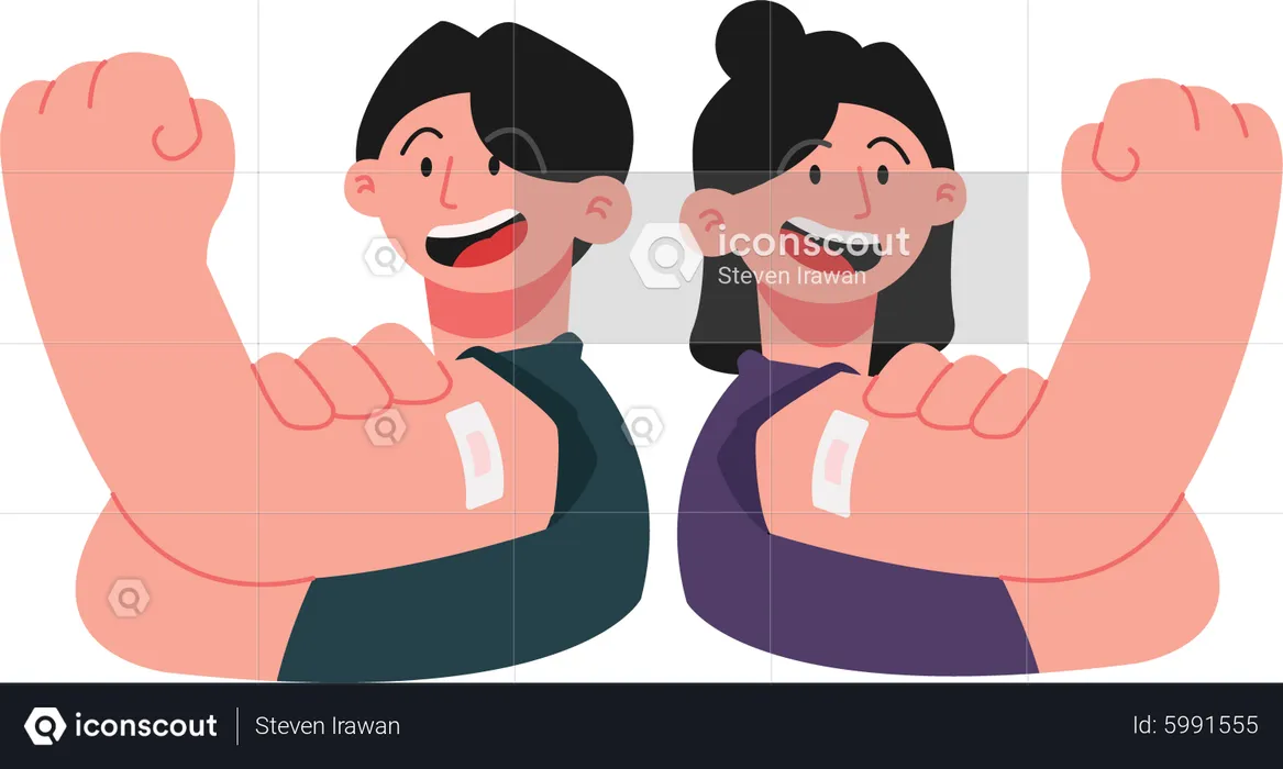 Boy and girl showing bandage on arm after vaccination  Illustration