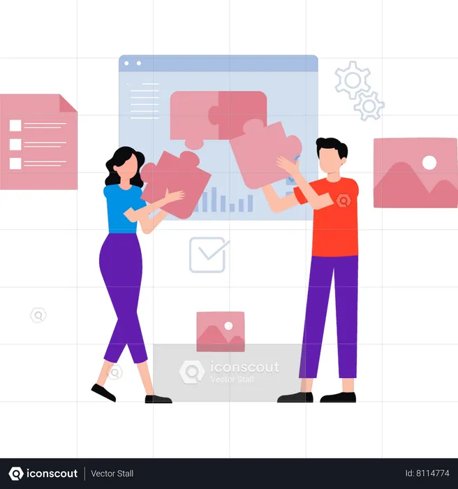Boy and girl solving business puzzle  Illustration