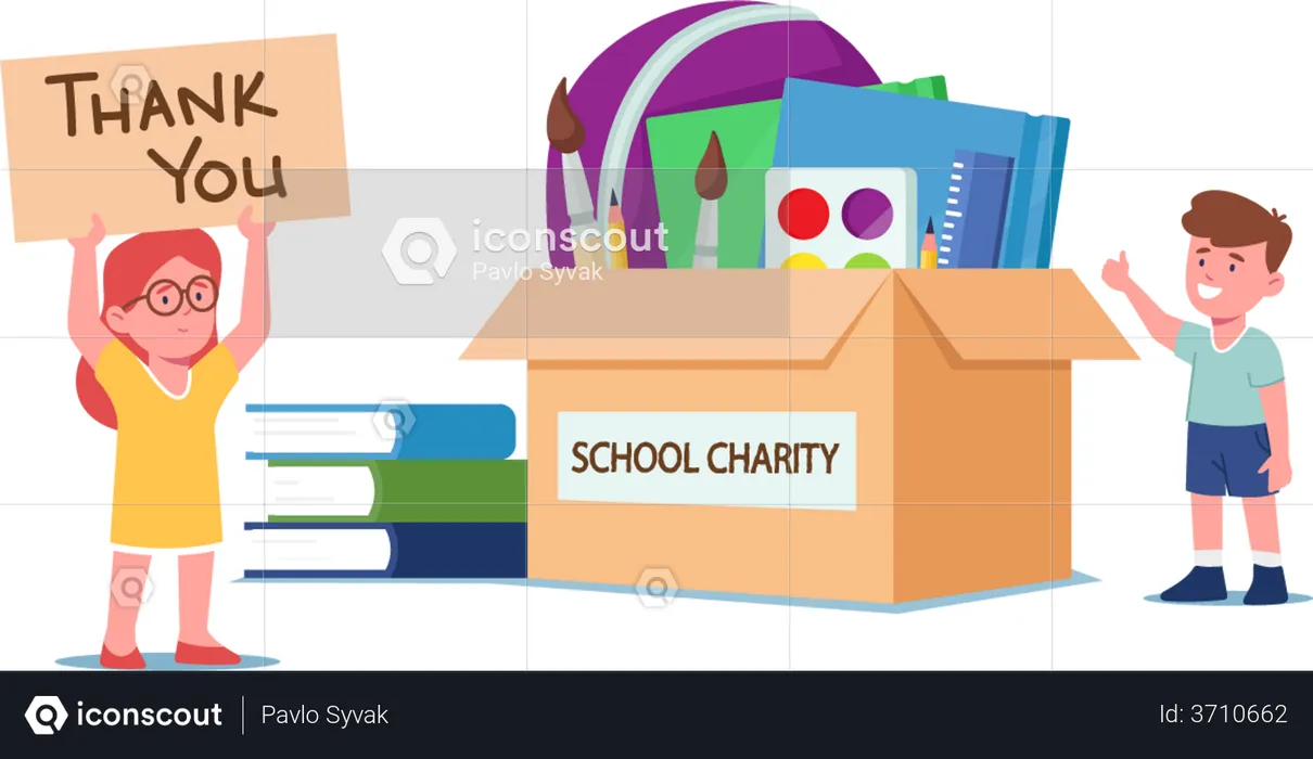 Boy and Girl Stand at Donation Box with School Stuff  Illustration
