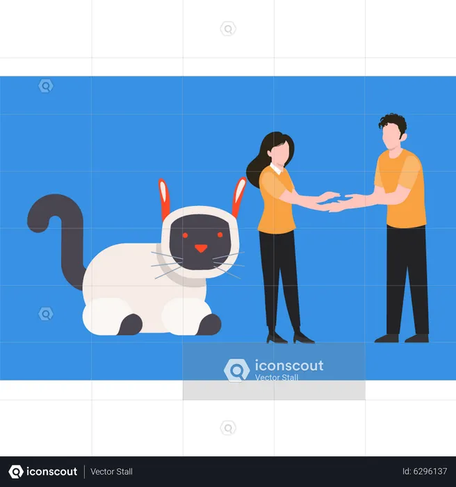 Boy and girl stand next to a robotic cat  Illustration
