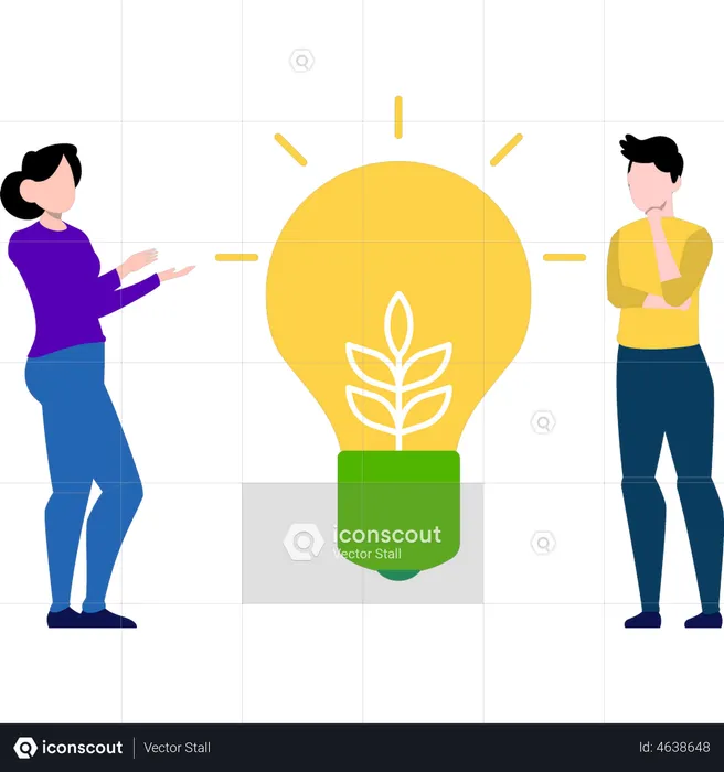 Boy and girl stand with green bulb  Illustration