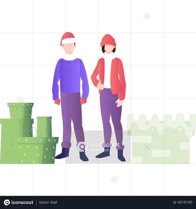 Boy and girl standing near Christmas presents  Illustration