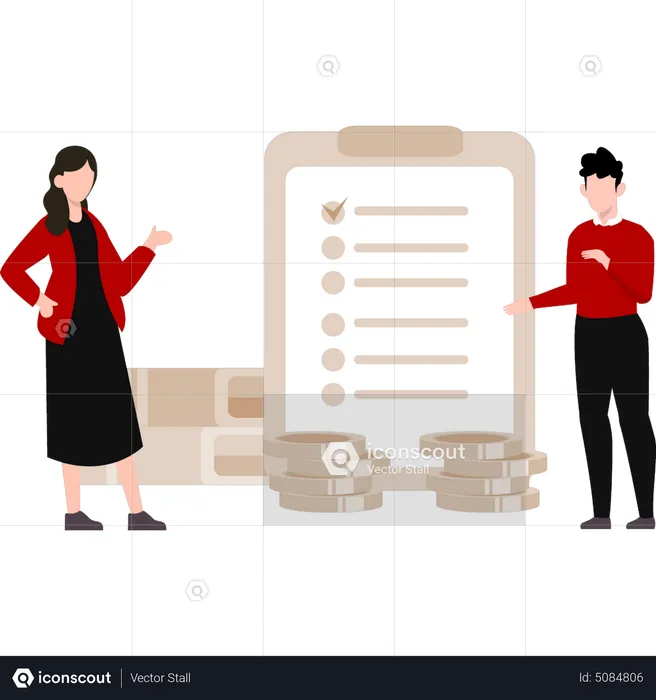 Boy and girl standing next to clipboard  Illustration