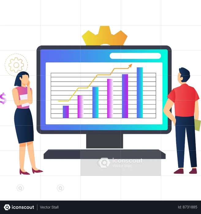Boy and girl talking about business bar graph  Illustration