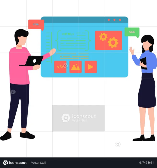 Boy and girl talking about coding management  Illustration